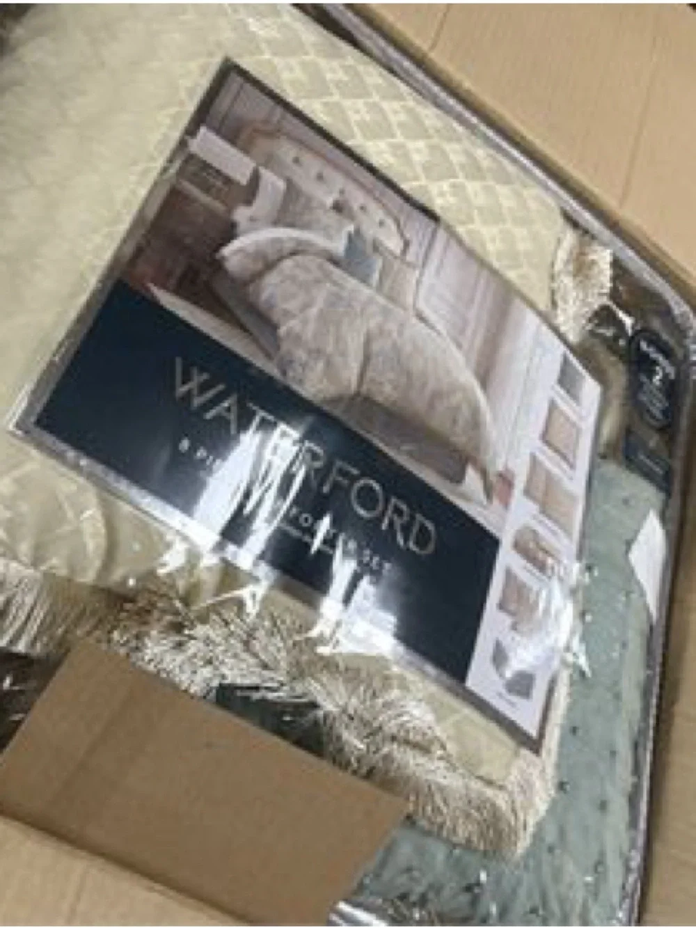 Waterford Beige and Light Blue Floral Damask Comforter Set Sz Queen NWT